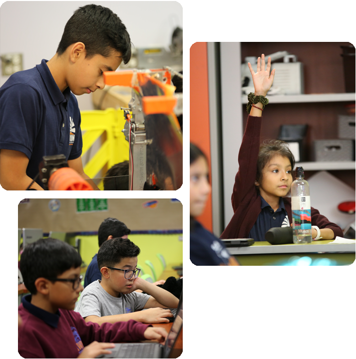 Students engaged in various activities in a science lab, showcasing teamwork and experimentation